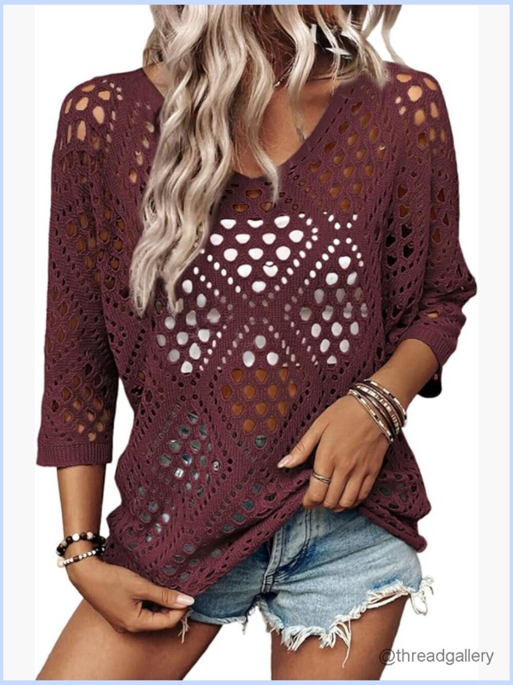 Hollow Knit Crochet Cover Up V-Neck 3/4 Sleeve Pullover Sweater